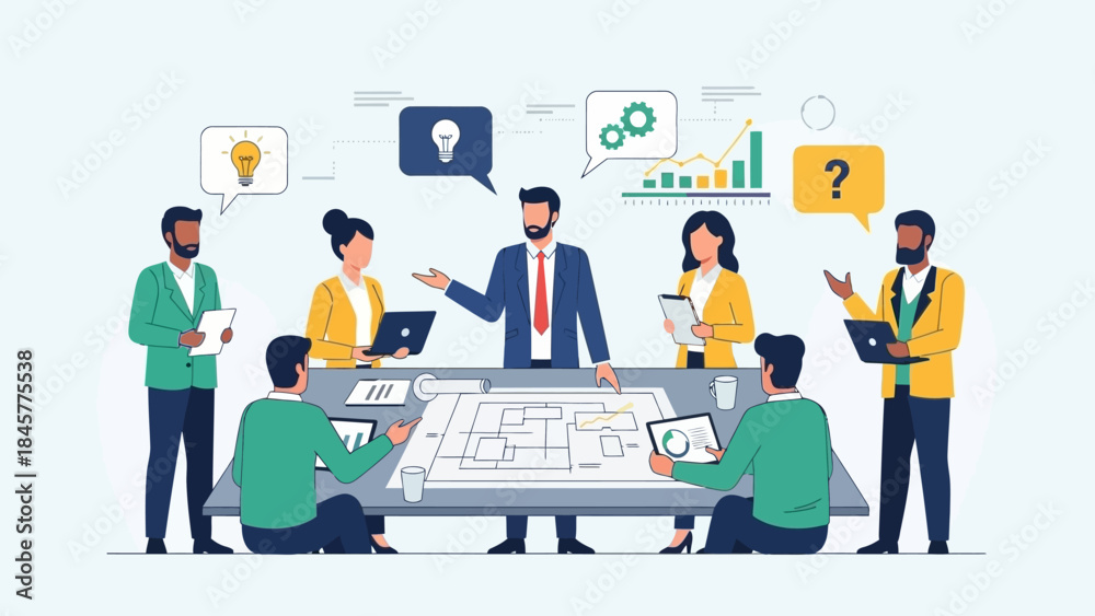 Fototapeta premium Diverse business team collaborating on a project, brainstorming ideas, and discussing strategy in a modern office meeting.