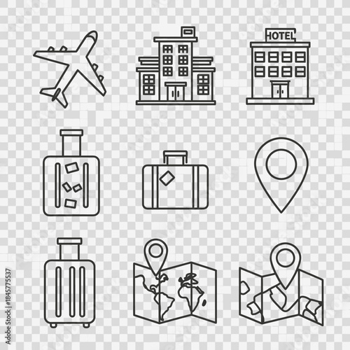 A collection of outline icons representing various aspects of travel and tourism, including airplanes, hotels, suitcases, and map location markers.