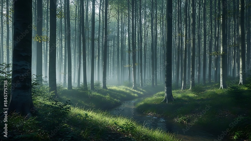Obraz premium Sunlit stream winding through a misty, dense forest with tall trees and vibrant green undergrowth
