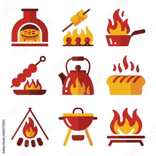 Camping fire cooking symbols, pot pan grill campfire oven icons, wilderness food preparation theme, colorful flat vector illustration
