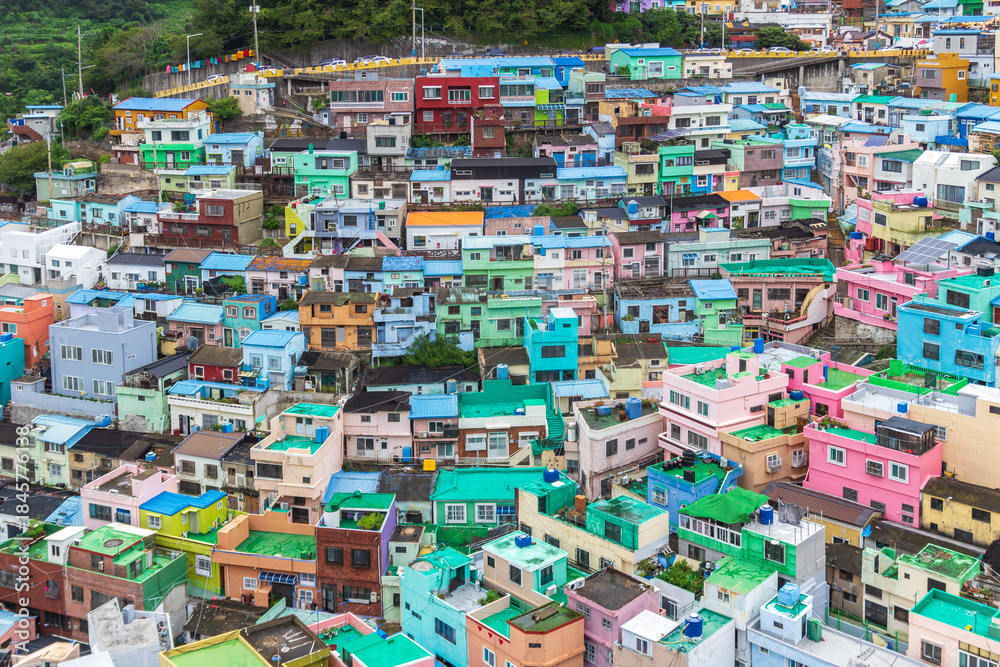 Fototapeta premium Busan, Korea - 02 Sep, 2025 - Colorful hillside houses of Gamcheon Culture Village in Busan, South Korea, vibrant urban landmark and popular travel destination for culture and art.