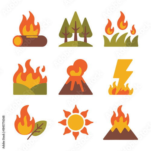 Forest fire warning icon collection, burning trees volcano flame symbols, climate risk alert concept, modern flat vector illustration