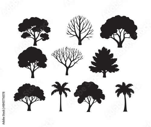 Collection of nine diverse tree silhouettes representing various plant species for nature design projects