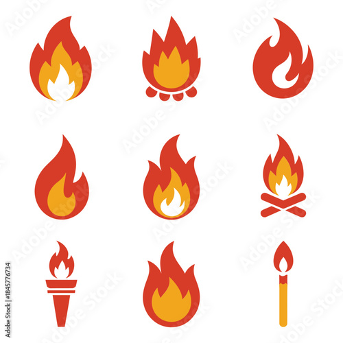 Fire flame variation icon set, burning torch campfire spark symbols, heat danger elements, bold flat vector illustration collection
