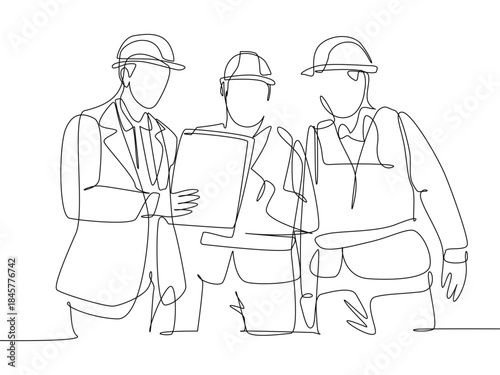 Top view cad drawing set for architectural projects, executive men standing. Construction people in lines project drawing architects and workers editable vector 