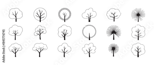 Eighteen outline vector icons of minimalist trees featuring simple shapes different canopy styles and branch structures