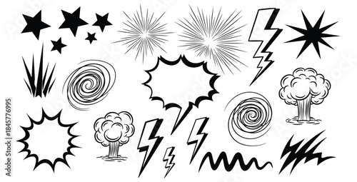 Collection of black and white comic book style sound effect elements and graphic design assets