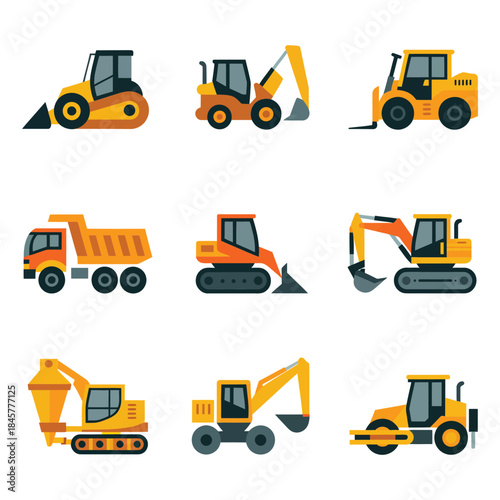 Heavy equipment icon collection, bulldozer excavator crane loader symbols, industrial construction operations theme, colorful flat vector illustration set