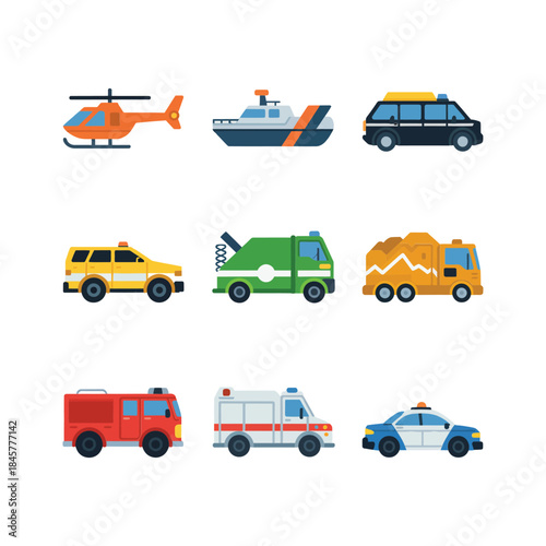 Emergency service vehicle icon collection, helicopter ambulance fire truck police car symbols, rescue response theme, flat vector illustration