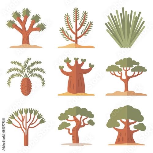 Desert and savanna tree icons, baobab palm cactus shapes, arid landscape nature theme, flat vector illustration design set