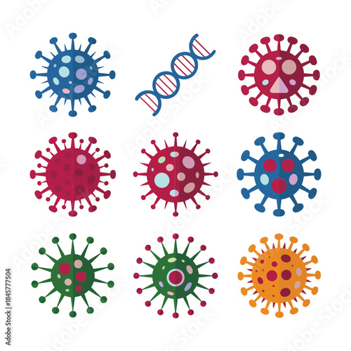 Viral infection icon set, diverse virus variants symbols, outbreak health risk theme, clean flat vector illustration pack design