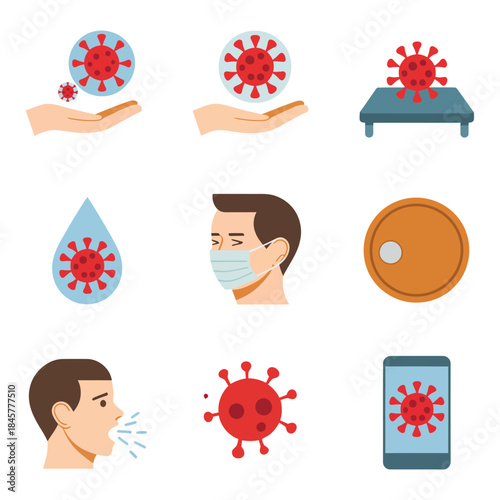 Virus transmission prevention icon set, hand mask droplet symbols, hygiene awareness protection theme, modern flat vector illustration design