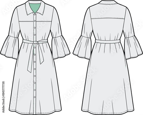 Bell sleeve button dress front and back view, technical flat sketch, fashion cad drawing, shirt dress with belt, vector illustration
