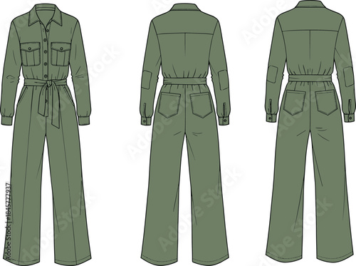 Belted long sleeve button-up utility jumpsuit with flap pockets, wide leg pants, fashion technical flat vector illustration