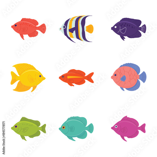 Colorful tropical fish icon set featuring exotic aquarium species vibrant fins flat vector illustration collection for creative design projects