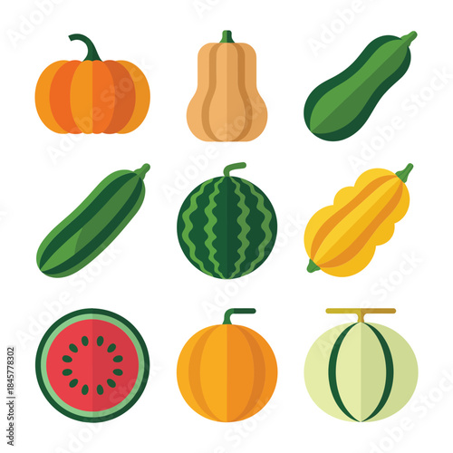 Seasonal vegetable icon collection featuring pumpkin zucchini gourd cucumber and melon clean flat vector illustration pack for market visuals
