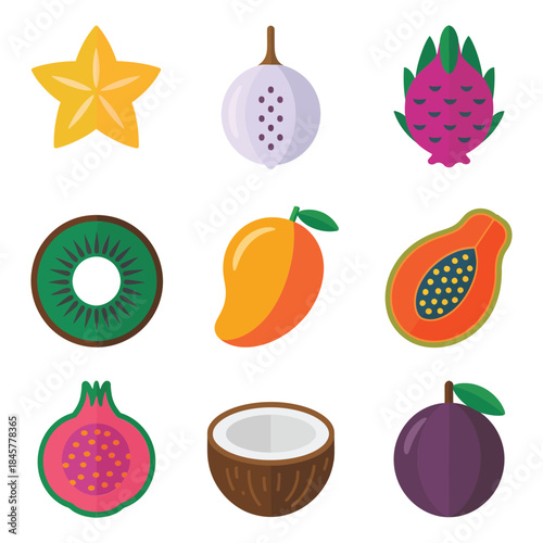 Tropical fruit illustration set with starfruit dragon fruit kiwi mango papaya and coconut colorful flat vector food icons