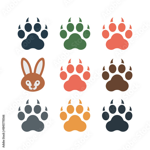 Animal paw icon pack, rabbit dog cat footprints and faces, cute pet elements, kids friendly, colorful flat vector illustration