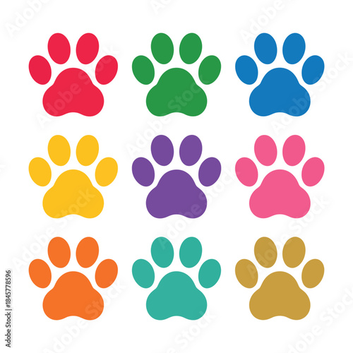 Colorful paw print icon set, dog cat footprints symbols, playful pet tracks, animal care theme, bright flat vector illustration