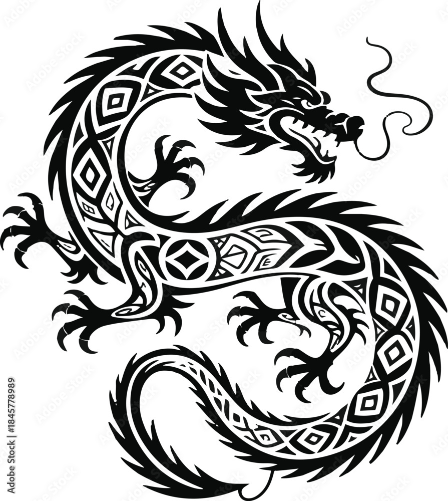Obraz premium Full body black tribal dragon vector illustration with intricate patterns and fierce expression on transparent background