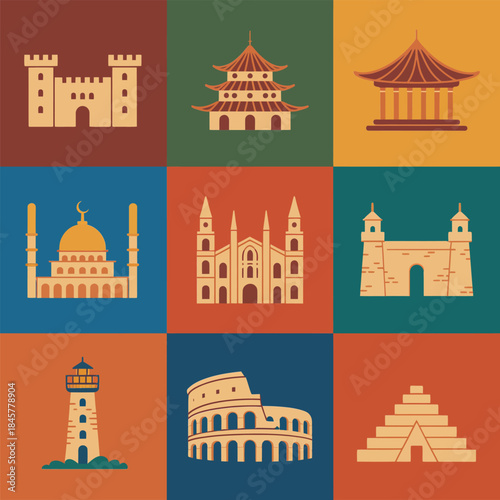Global landmark square icon set, famous architecture monuments towers temples, travel destination symbols, flat vector design