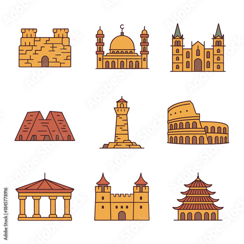 Historic landmark icon set, castles temples towers ancient buildings, world heritage architecture, flat vector illustration