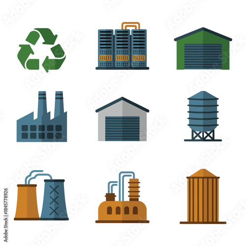 Industrial facility illustration pack, factory warehouse refinery storage tower icons, manufacturing concept, flat vector design