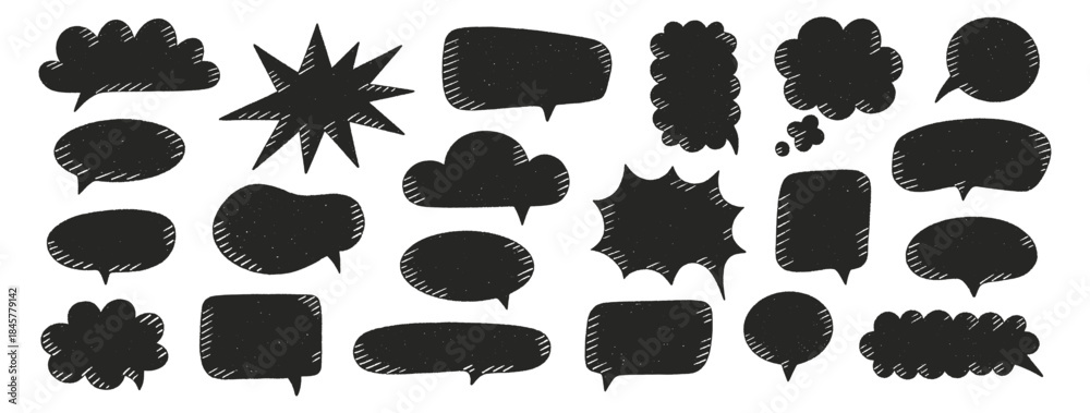 Fototapeta premium Crayon speech bubbles set. Chat talk boxes. Chalk draw silhouette frames. Kid doodle dialogue balloon clouds. Pencil drawing, black thought elements on white background. Vector illustration