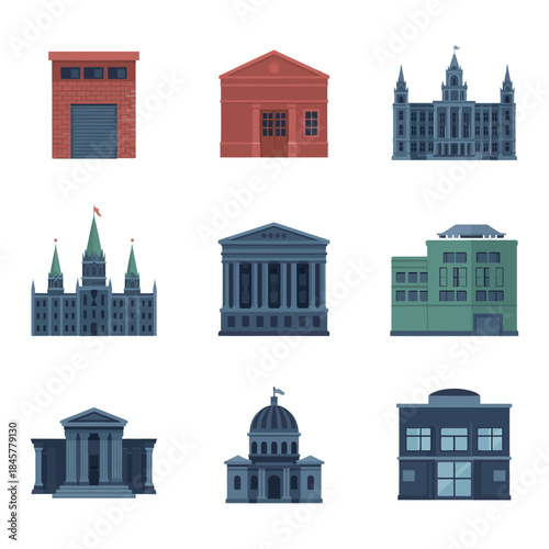 Government and civic building icon collection featuring courthouse parliament city hall museum institutional architecture flat vector illustration
