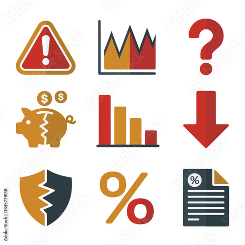 Warning alert and business risk symbol icon set with caution signs finance decline security flat vector illustration