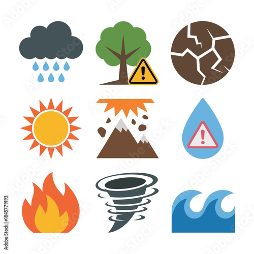 Natural disaster warning icon collection with storm fire flood earthquake climate risk flat vector illustration symbols design set