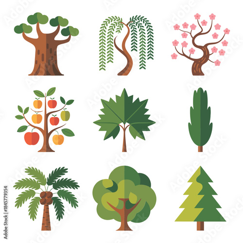 Garden and orchard tree illustration set with fruit trees willow maple palm pine nature landscape flat vector illustration collection
