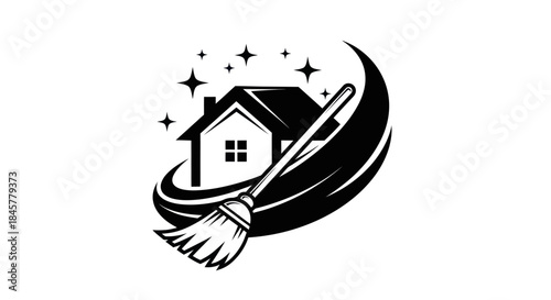 House Cleaning Service Logo with Broom and Sparkling Stars.