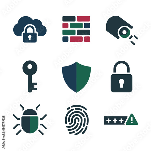Advanced network security icon collection with firewall encryption cloud protection flat vector illustration for cybersecurity themes