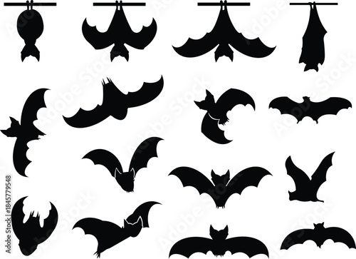 Black bat silhouettes set in multiple flying poses. Spooky Halloween bat shapes create a dark gothic mood. Ideal for horror graphics, seasonal designs, and night-themed illustrations.