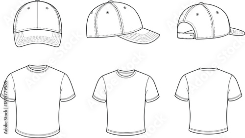 Blank t-shirt and cap vector template, front back side views, outline clothing mockup, fashion apparel design, unisex casual wear