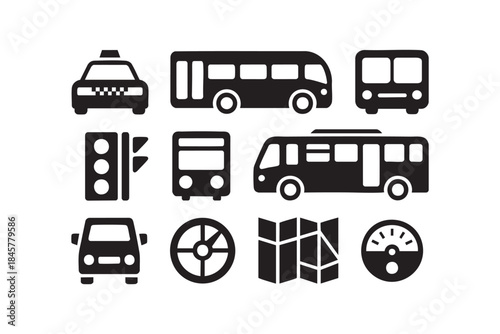 Transportation and traffic icons set with taxi, bus, van, traffic light, map, steering wheel silhouettes