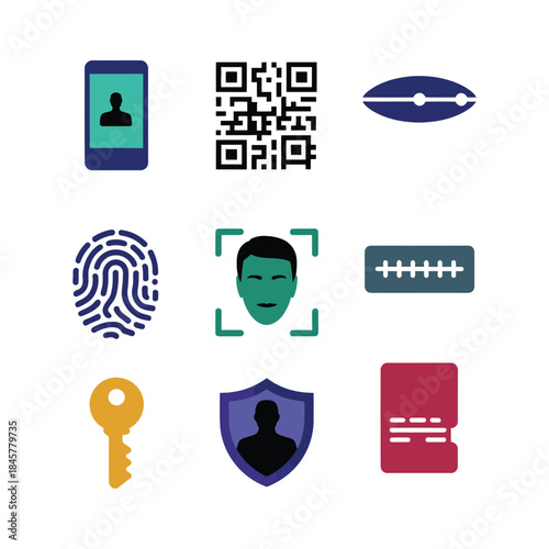 Digital access control and identity protection icon set with qr scan fingerprint key shield flat vector illustration,