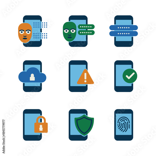 Smartphone security and authentication icon set with face scan cloud lock alerts checkmarks flat vector illustration collection