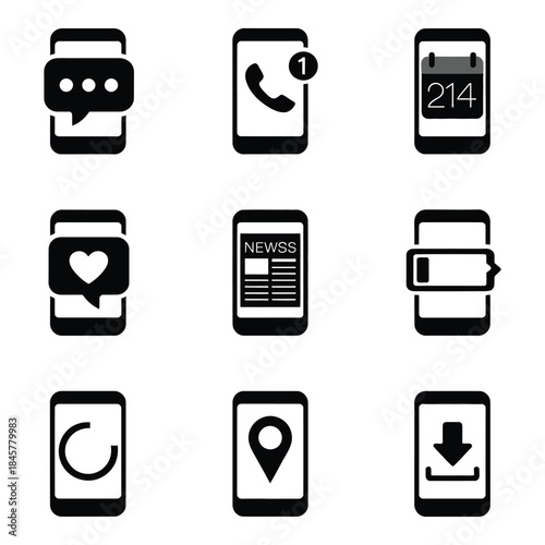 Modern mobile interface and application feature icon set with health chat music weather clock flat vector illustration