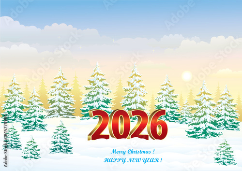Merry Christmas. Winter morning landscape. Welcome 2026 in a peaceful winter setting. Vector illustration for greeting cards, backgrounds and social media banners.