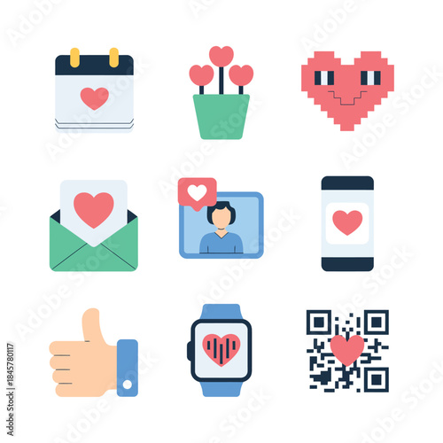 Digital love interaction icon collection with message profile calendar like qr symbols, online romance communication flat vector design illustration