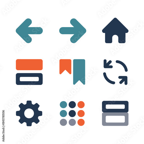 User interface navigation icon set with arrows home refresh settings menu symbols, application control flat vector illustration design