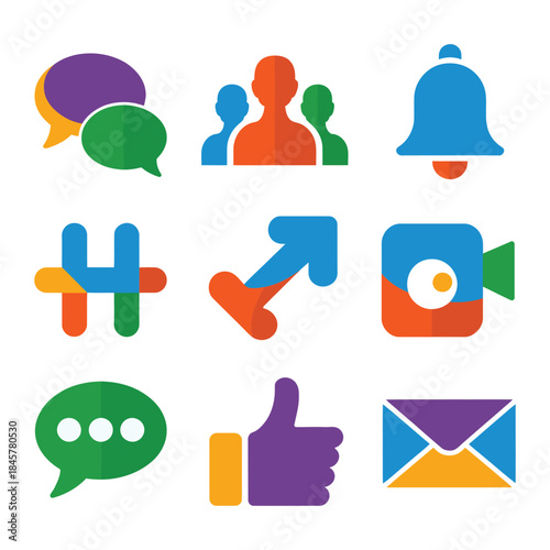 Social media interaction and notification icon set with chat like share bell arrow symbols, communication flat vector illustration design