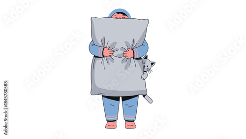Cartoon person hugging a pillow with a cat peeking out on a white background
