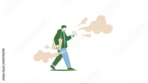 Illustration of a person exhaling or emitting vapor of smoke while walking with a bag