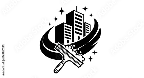 Building cleaning service logo with squeegee and skyscrapers.
