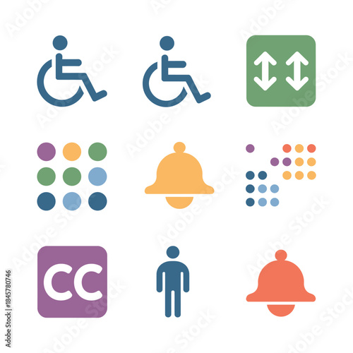 Universal accessibility and assistive communication icon set with wheelchair captions alerts hearing symbols, inclusive flat vector illustration
