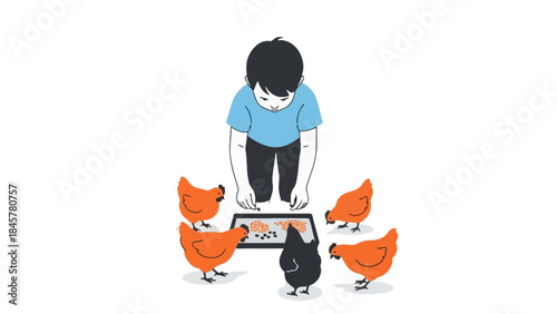 A child feeding chickens a tray of food, a simple illustration on a white background