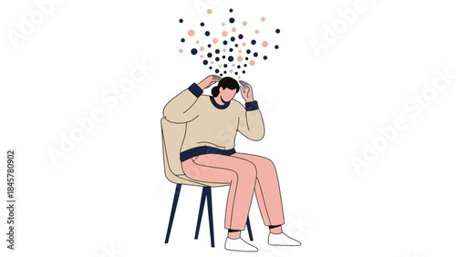 Illustration depicting a person overwhelmed with thoughts and sitting on a chair with open mind